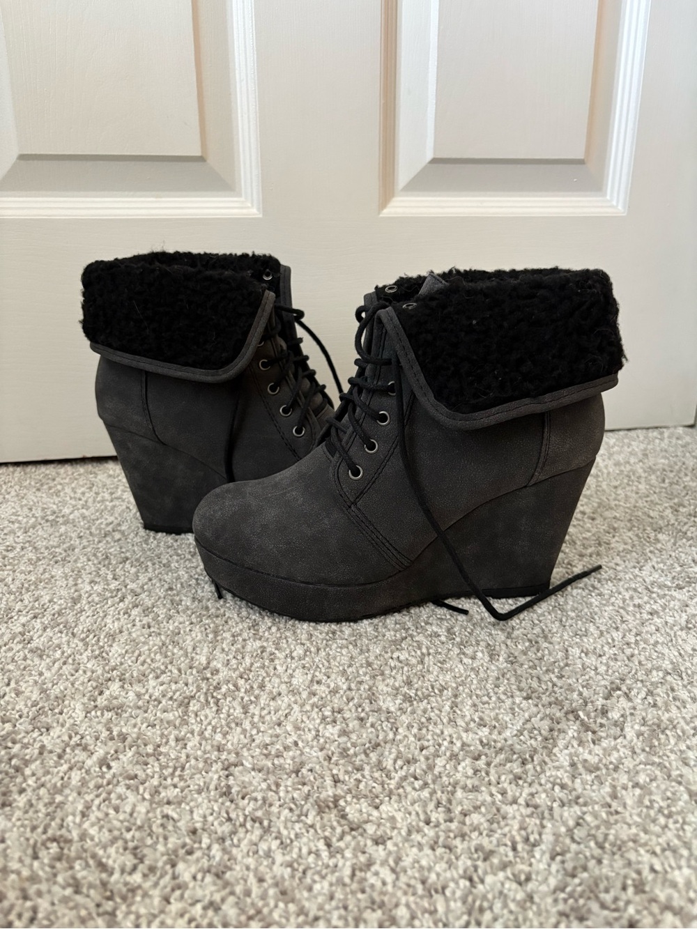 JustFab Black Lace-Up Wedge Ankle Boots with Sherpa Cuff